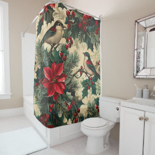 Rideaux De Douche Rustic Bird et Poinsettia Motif de Noël (13)
