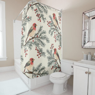 Rideaux De Douche Rustic Bird et Poinsettia Motif de Noël (16)