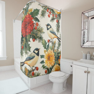 Rideaux De Douche Rustic Bird et Poinsettia Motif de Noël (9)