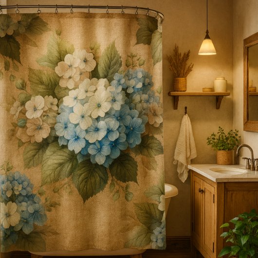 Rideaux De Douche Rustic Blue Hydrangea  Floral Shower Curtain