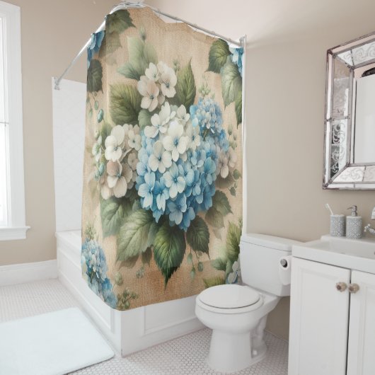 Rideaux De Douche Rustic Blue Hydrangea  Floral Shower Curtain (En situation)