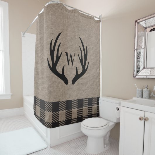 Rideaux De Douche Rustic Cabine Lodge Antlers Linge Monogrammé (En situation)