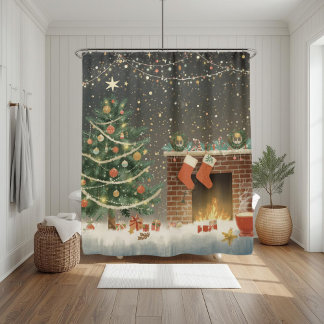 Rideaux De Douche Rustic Christmas Tree and Fireplace Shower Curtain