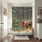 Rideaux De Douche Rustic Christmas Tree and Fireplace Shower Curtain