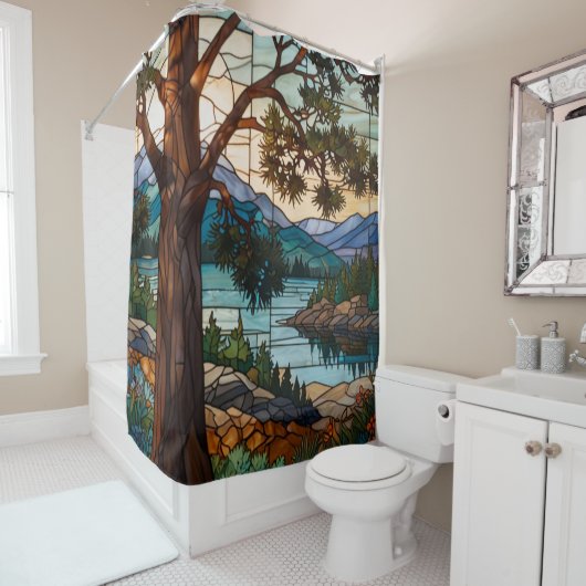 Rideaux De Douche Rustic mountain range landscape stain glass  (En situation)
