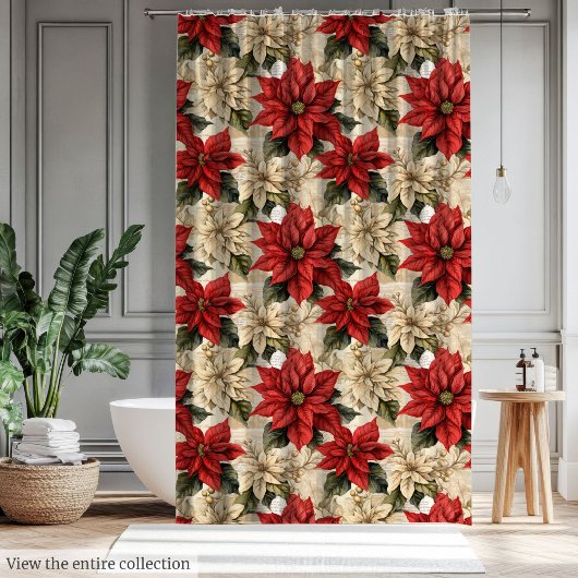 Rideaux De Douche Rustic Red Poinsettia Curtain Classic Xmas Flowers
