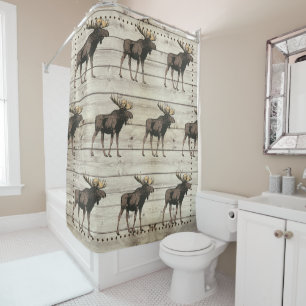 Rideaux De Douche Rustic Wood Walking Moose Nom de famille