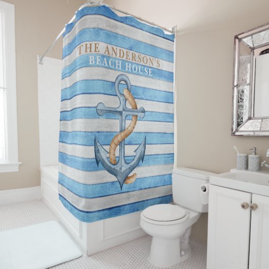 Rideaux De Douche Rustique Bois Famille Plage Maison Stripes Nautiqu (En situation)