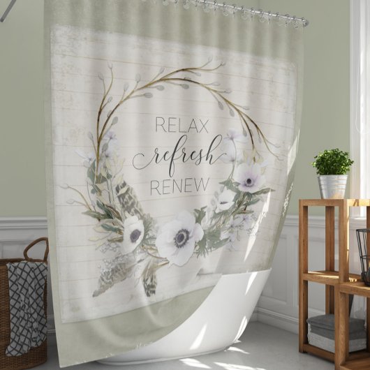 Rideaux De Douche Rustique Bois Farm House Floral Wreath Sage Script