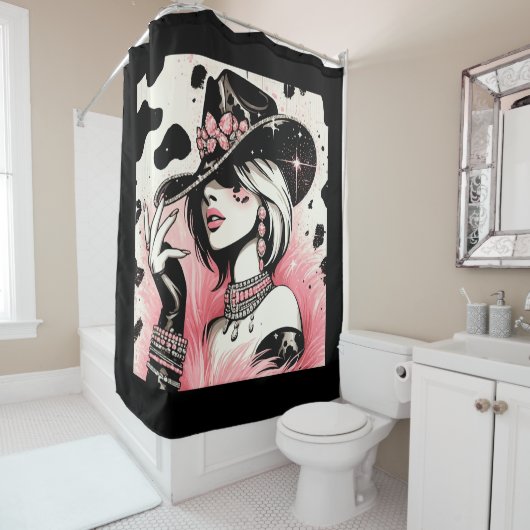 Rideaux De Douche Rustique Glam Cowgirl rose étincelante Cowhide Imp (En situation)