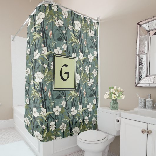 Rideaux De Douche Sage Green Chinoiserie Floral White Initial