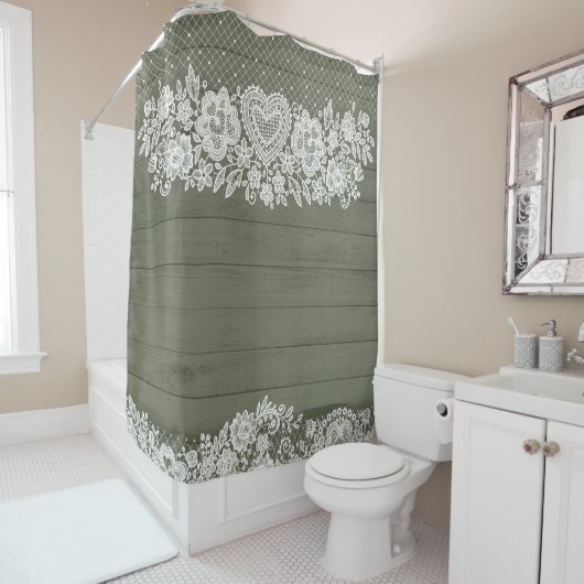Rideaux De Douche Sage Green Rustique Bois et blanc dentelle Lacy Fa (En situation)