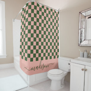 Rideaux De Douche Sage vert et rose À damiers esthétique