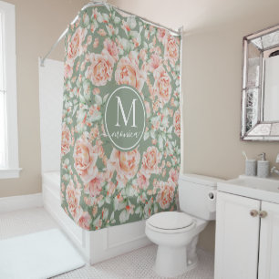Rideaux De Douche Sage Vert Floral Aquarelle Rose Motif Monogramme