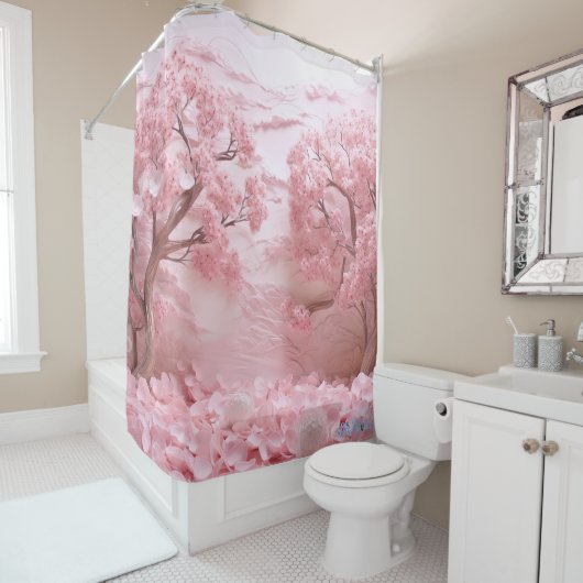 Rideaux De Douche Sakura fleurs printemps coucher de soleil Coucher  (En situation)