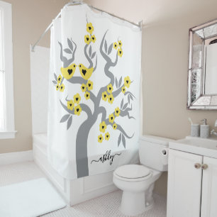 Rideaux De Douche Sakura jaune gris cerisier fleurs inséparables