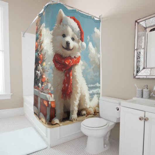 Rideaux De Douche Samoyed Dog Christmas Vintage Beach (En situation)