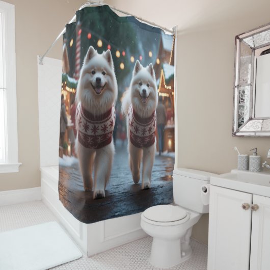 Rideaux De Douche Samoyed Dogs Christmas Snow Holiday (En situation)