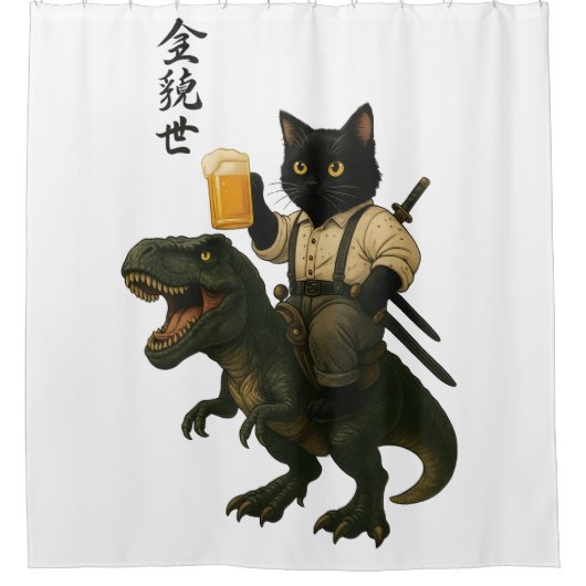 Rideaux De Douche Samurai Cat with Beer & T-Rex | Retro Japanese Art (Devant)