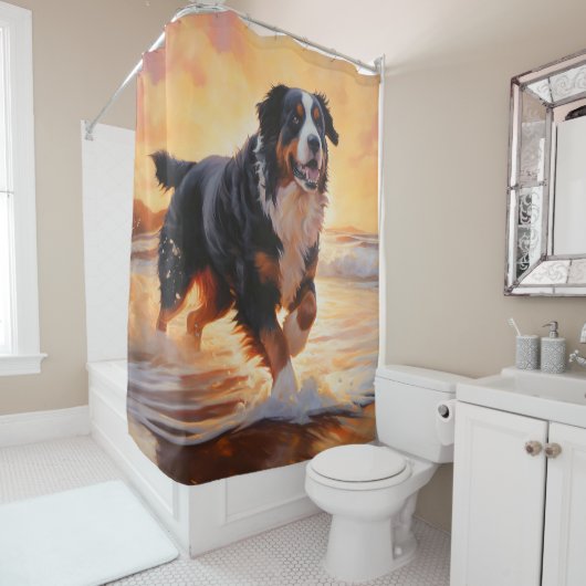 Rideaux De Douche Sandy Paws Bernese Mountain Dog on Beach Sunset (En situation)