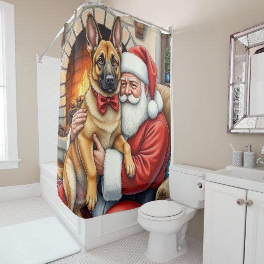 Rideaux De Douche Santa Claus Holding Belgian Malinois Christmas Art (En situation)