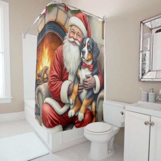 Rideaux De Douche Santa Claus Holding Bernese Mountain Dog Christmas (En situation)