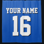 Rideaux De Douche Sapphire Blue White Sports Jersey Team Jersey<br><div class="desc">Preppy Solid Color Team Jersey / Sports Jersey / Football Jersey / Rugby Jersey avec Nom Personnalisé Customisez ceci avec votre nom propre ou nom d'équipe et un numéro. Vous pouvez modifier la taille, la couleur et l'emplacement du texte si vous avez besoin d'apporter des modifications, de modifier la couleur...</div>
