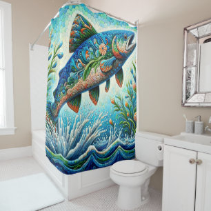 Rideaux De Douche Saumon Saut Mosaïque Floral Blue Green Peach