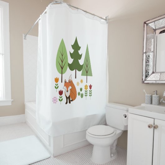 Rideaux De Douche Scandinavian Style Fox Flowers Trees Illustration (En situation)
