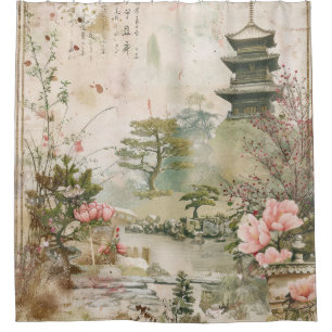 Rideaux De Douche Scène de jardin de fleurs de cerisier (3)