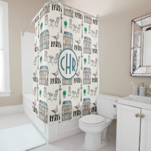 Rideaux De Douche Scène de la rue de Paris   Monogramme aquarelle
