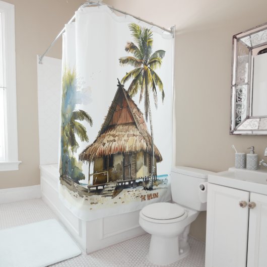 Rideaux De Douche Scène de maison de plage captivante (En situation)