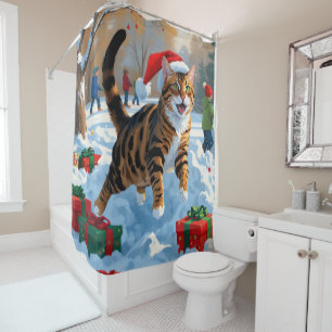 Rideaux De Douche Scène de neige festive de Noël avec un chat Bengal