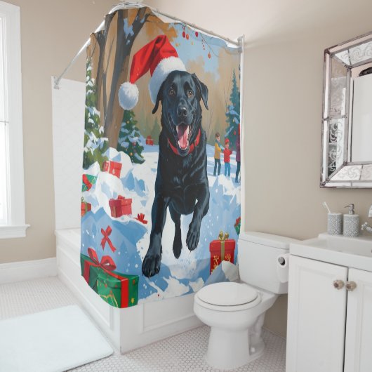 Rideaux De Douche Scène de Noël du Labrador noir (En situation)