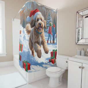 Rideaux De Douche Scène de Noël enneigée avec un Bernedoodle festif