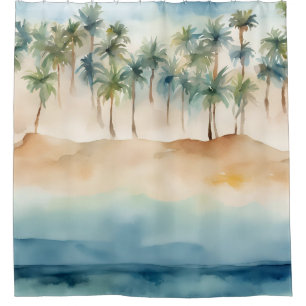 Rideaux De Douche Scène de plage tropicale à l'aquarelle Palmiers Sa