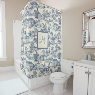 Rideaux De Douche Scène du village de Toile Bleue Chic de Jouy
