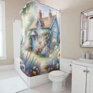 Rideaux De Douche Scène florale de maison bleue de jardin de campagn