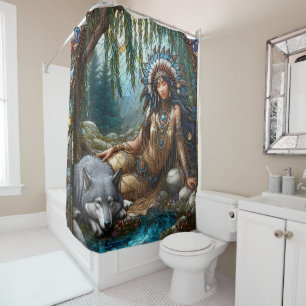 Rideaux De Douche Scène fluviale paisible avec Amérindiens et loups