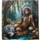 Rideaux De Douche Scène fluviale paisible avec Amérindiens et loups (Devant)