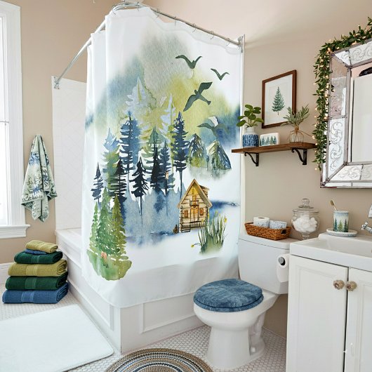 Rideaux De Douche Scène forestière à l'aquarelle