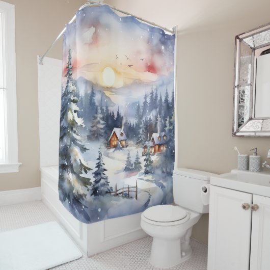 Rideaux De Douche Scène hivernale rustique Chimney Smoke Snow Trees (En situation)