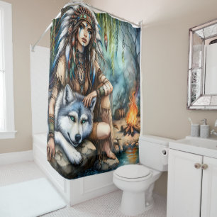 Rideaux De Douche Scène tranquille : Amérindiens et loups par l'eau