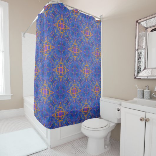 Rideaux De Douche Script mystique, orange sur bleu océan (En situation)