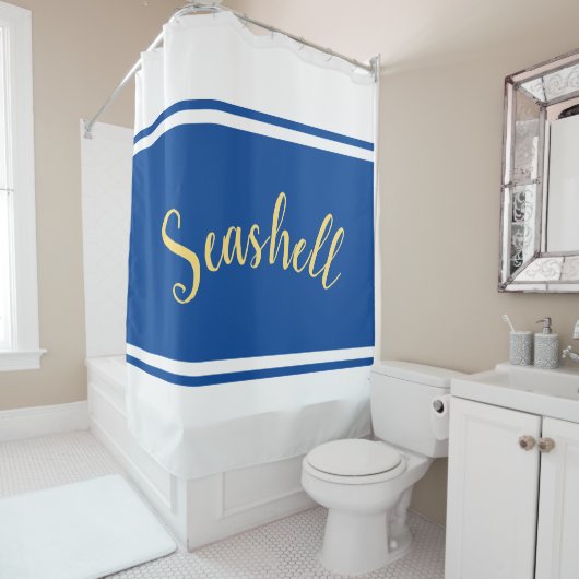 Rideaux De Douche Script SEASHELL Royal Blue White Racing Stripes (En situation)
