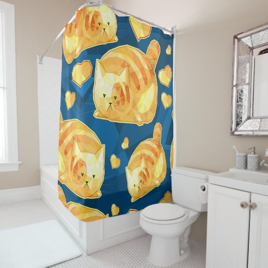 Rideaux De Douche Seamless pattern with cute polygonal cartoon cats, (En situation)