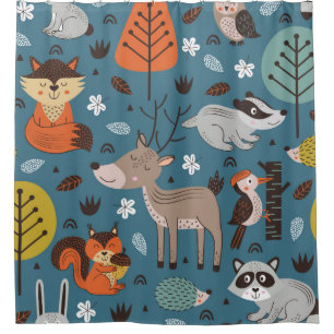 Rideaux De Douche Seamless pattern with forest animals on blue backg