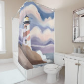 Rideaux De Douche Seaside Lighthouse | Watercolor Ocean Painting (En situation)