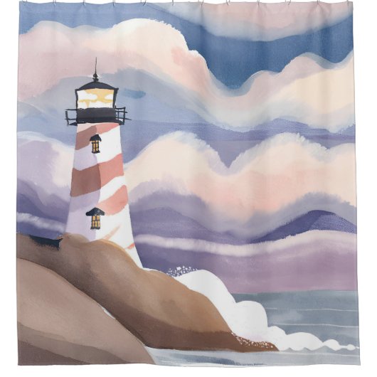 Rideaux De Douche Seaside Lighthouse | Watercolor Ocean Painting (Devant)