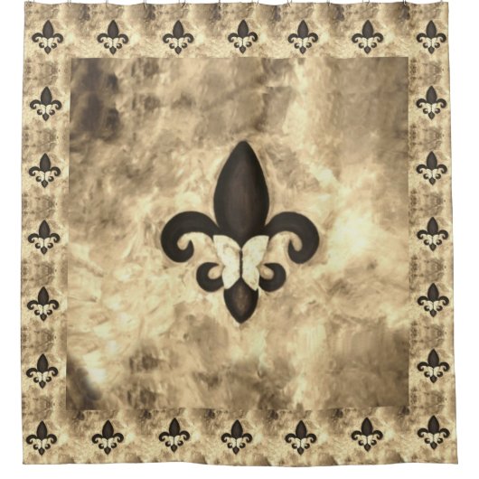 Rideaux De Douche Sepia Butterfleur | Tan Butterfly on Fleur de Lis (Devant)
